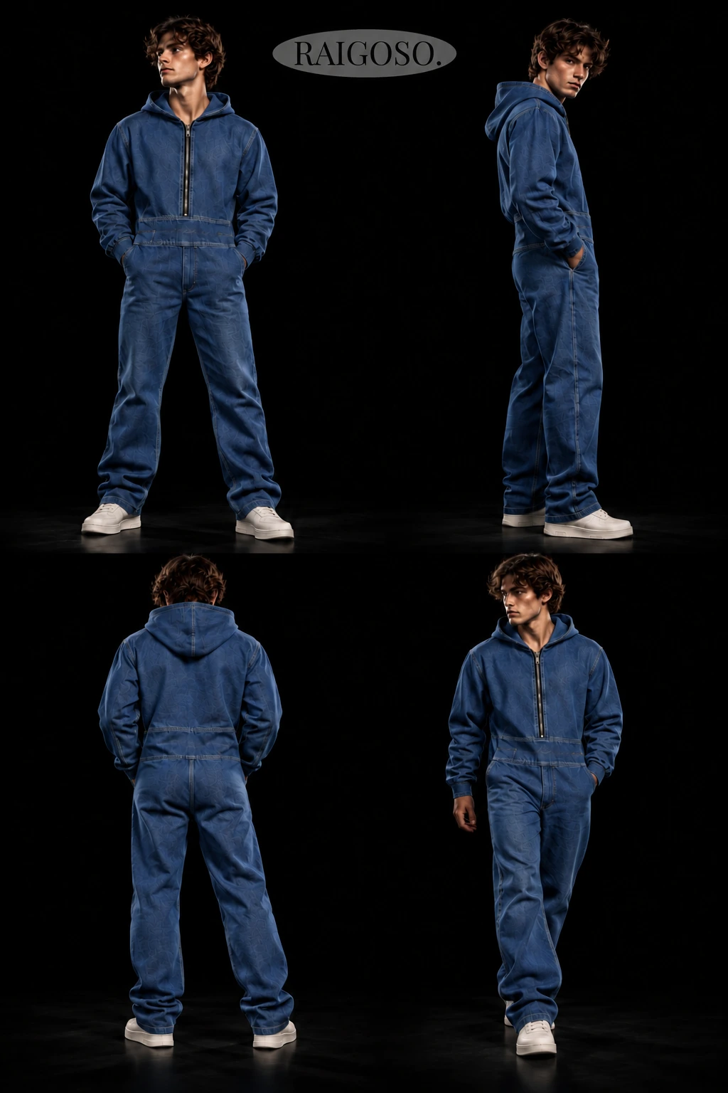 RAIGOSO. concept shown on a model from front, side, back and three-quarter views on a black studio background